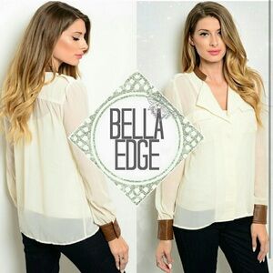 4/$50 Cream Chiffon Sheer Leather Trim Top